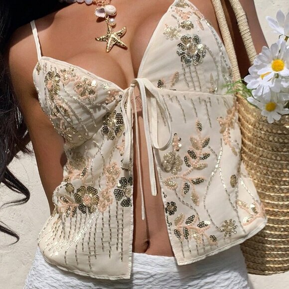 Multicolor Boho Women's Sequin Embroidered Camisole Tank Top - Picture 1 of 9